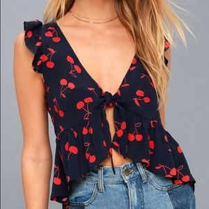 Lulu’s Tie Front Ruffle Sleeveless Cherry Top